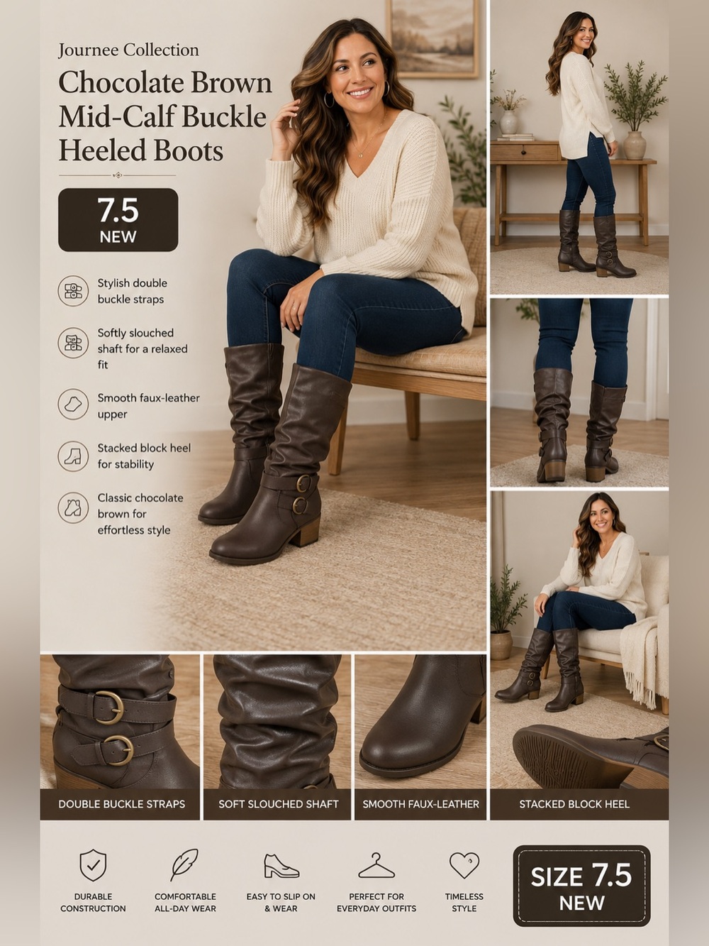 Journee Collection Chocolate‎ Brown Mid-Calf Buckle Heeled Boots 7.5 NEW